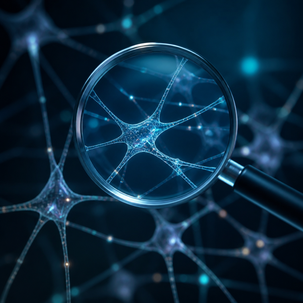 A digital representation of a neural network being audited for transparency.