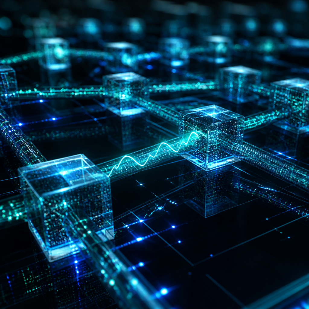 A digital pulse moving through a network of nodes, symbolizing automated health checks for distributed systems.