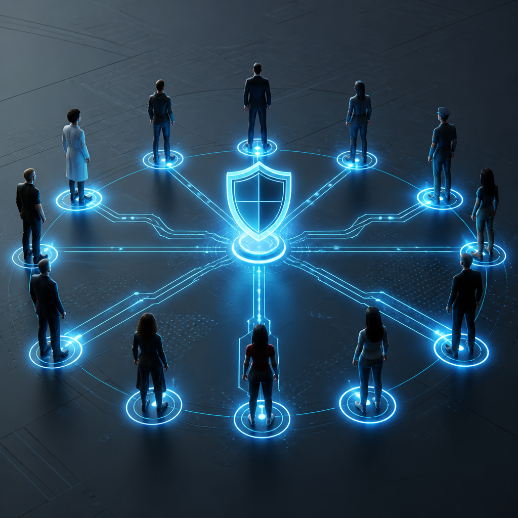 Stylized silhouettes connected by digital lines representing a human firewall.