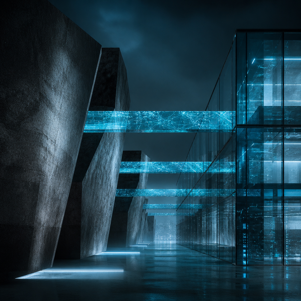 Abstract digital bridge connecting legacy blocks to modern structures.