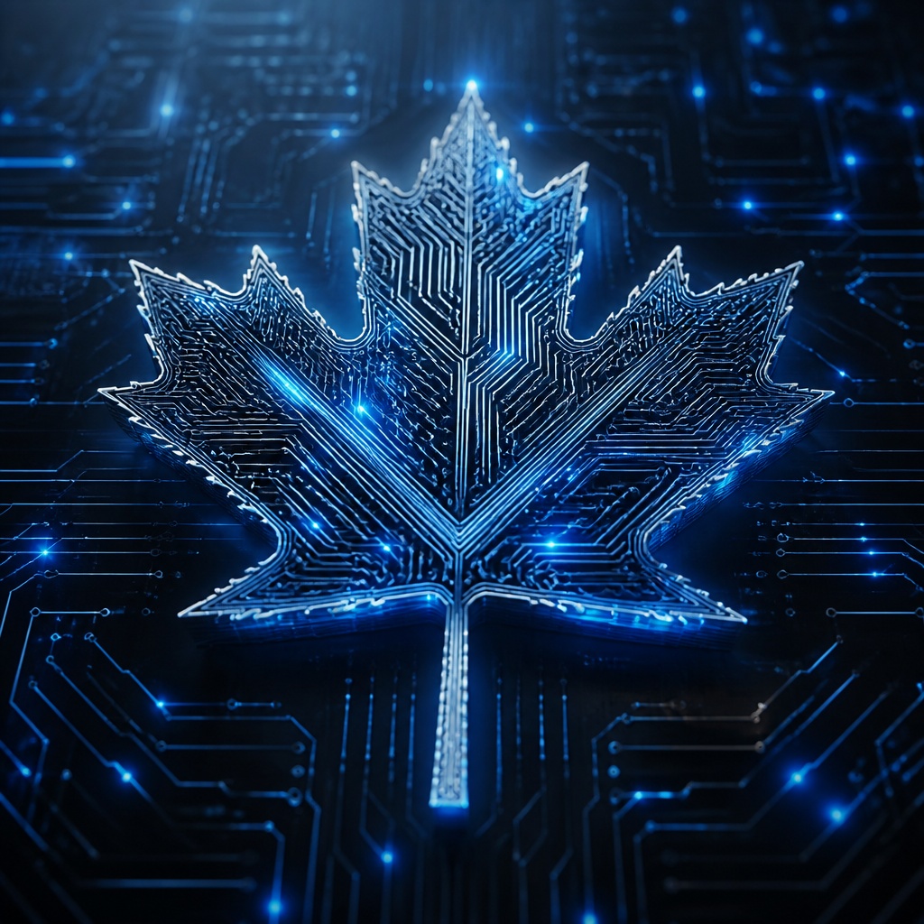 A glowing digital maple leaf made of circuitry, symbolizing Canadian data sovereignty.
