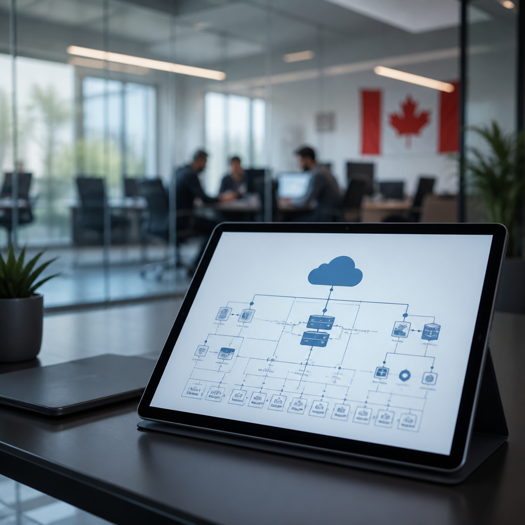 A modern tech office environment focusing on cloud architecture planning.