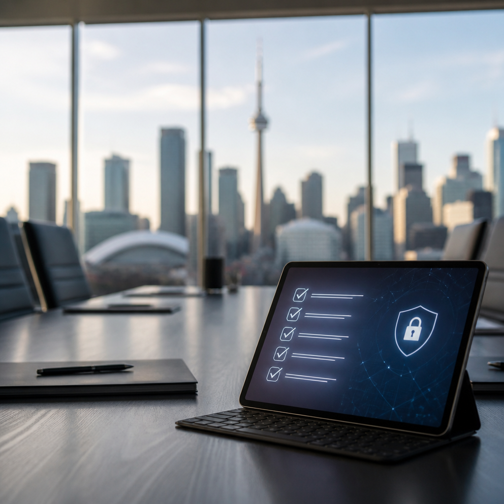 A digital checklist on a tablet symbolizing a cyber incident response plan in a professional office setting.