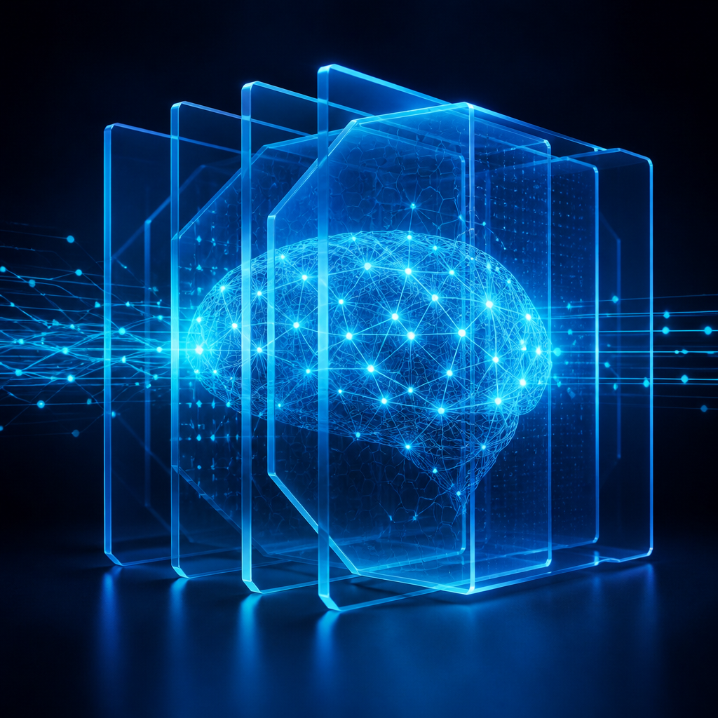 Abstract digital visualization of AI security and data protection layers.