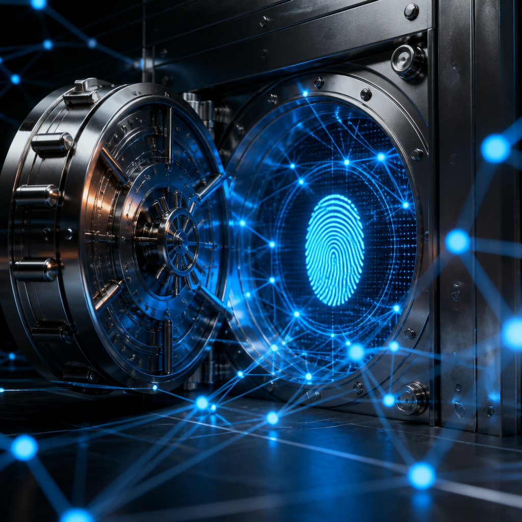 Abstract digital network representing decentralized identity and secure authentication nodes.