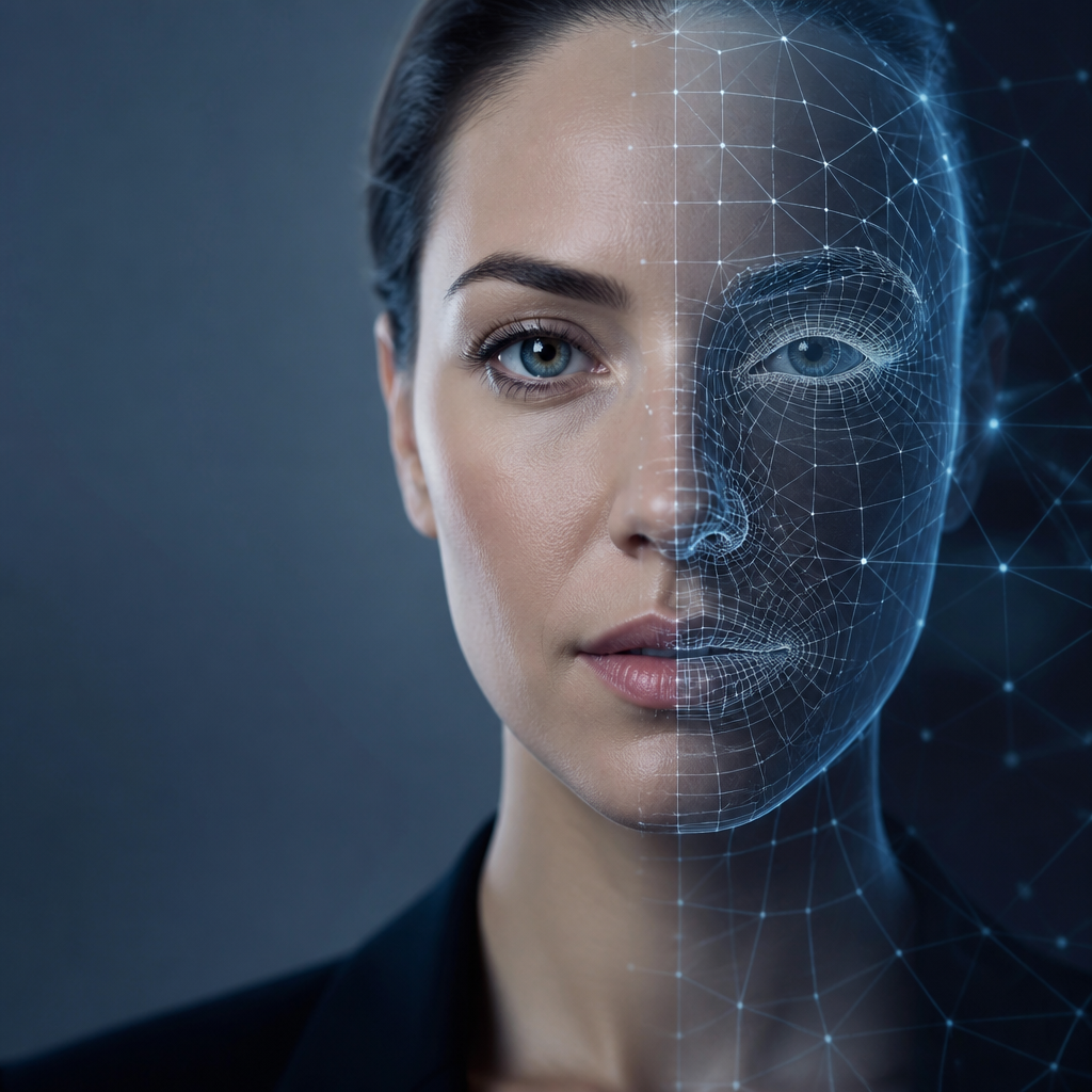 A conceptual illustration of a human face merging with a digital grid, representing the intersection of identity and technology.