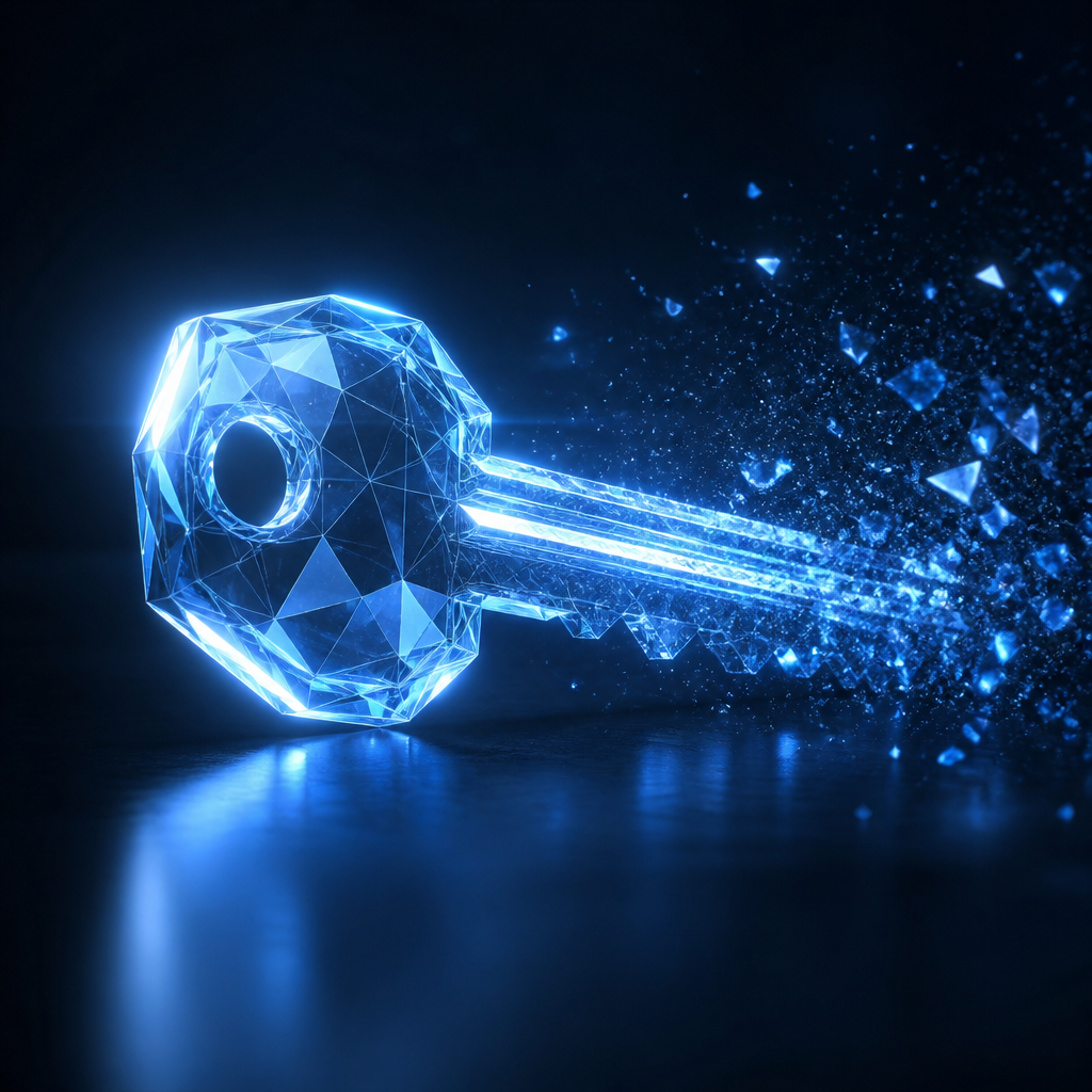 A digital key dissolving into light particles, symbolizing short-lived security credentials.