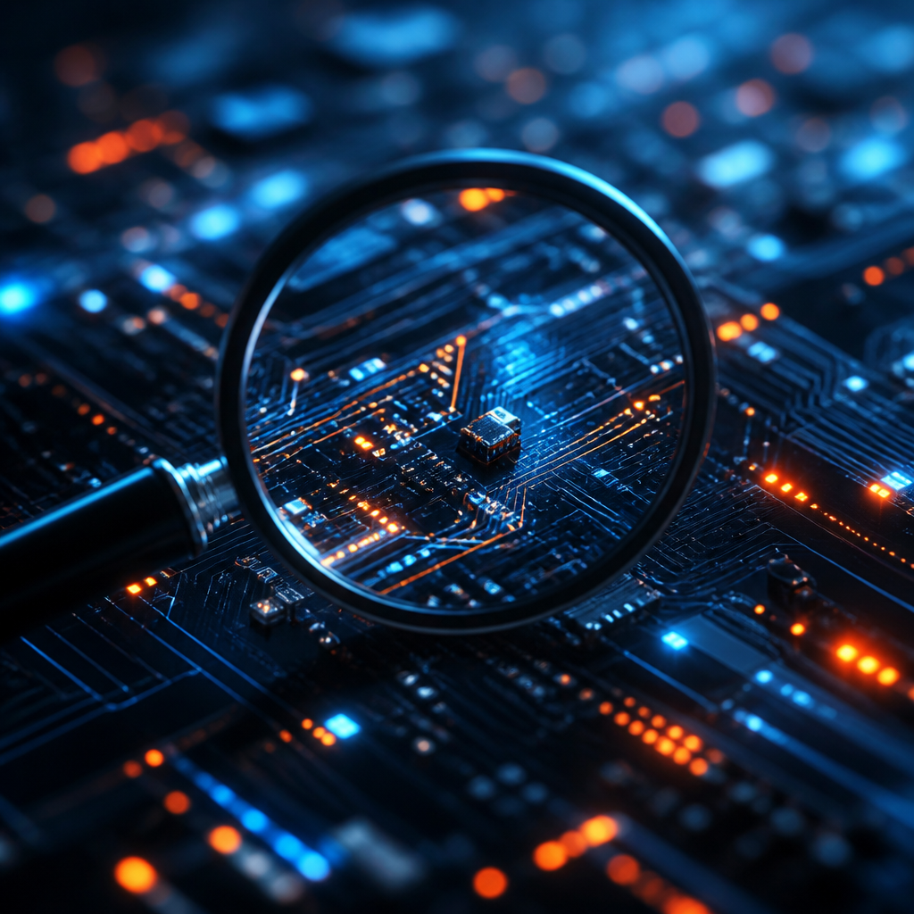 A magnifying glass inspecting a complex digital circuit board representing a technical audit.