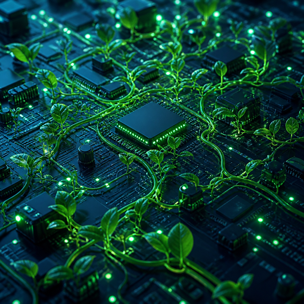 Abstract digital circuit board integrated with green plant life symbolizing sustainable technology.