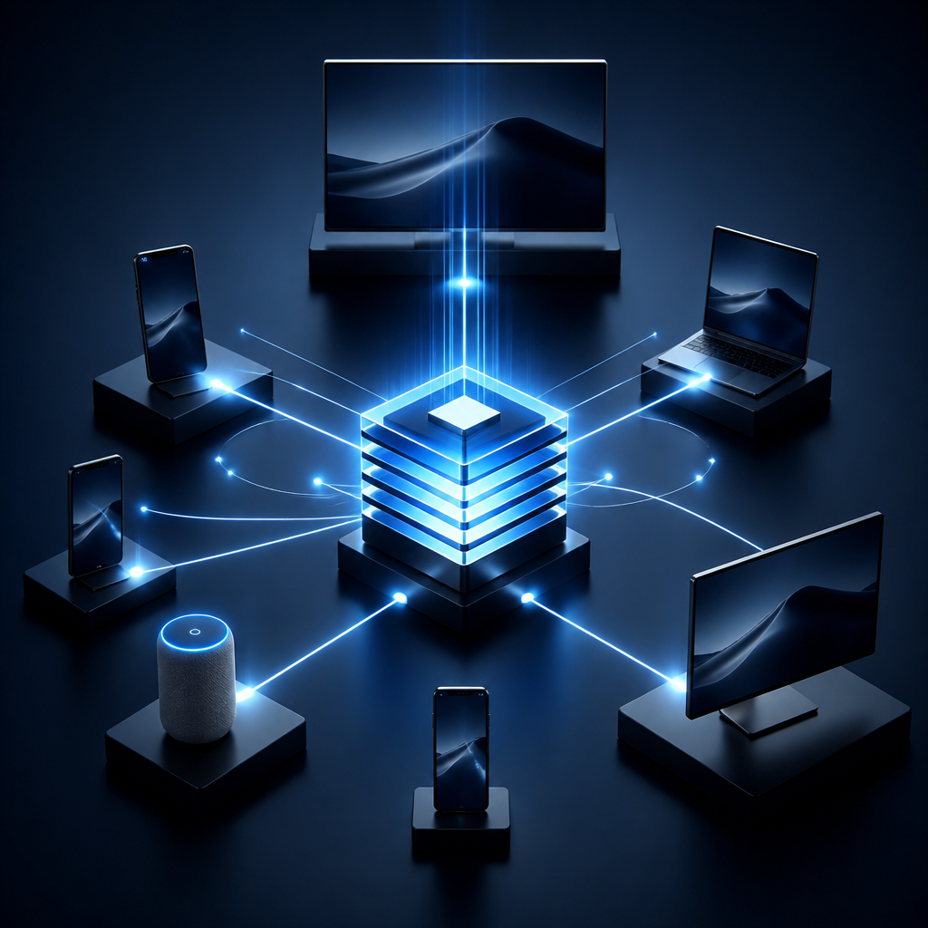 Abstract digital nodes representing decoupled content architecture distributing data to multiple platforms.