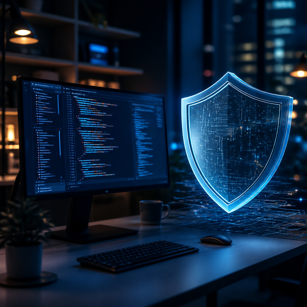 A modern developer workspace with a digital security shield overlay representing secure coding.