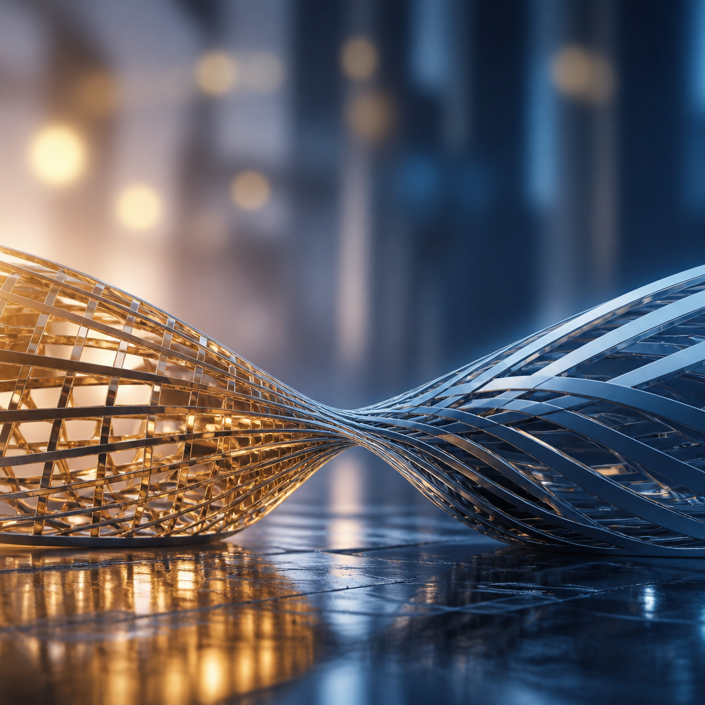 Abstract geometric visualization of two structures merging into one cohesive unit.