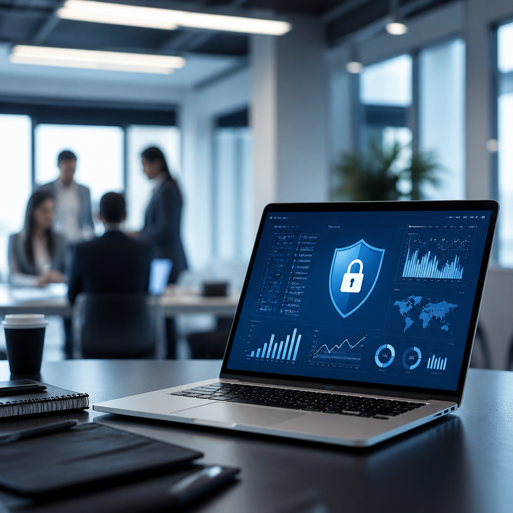 A modern laptop displaying data security visualizations in a professional Canadian office setting.