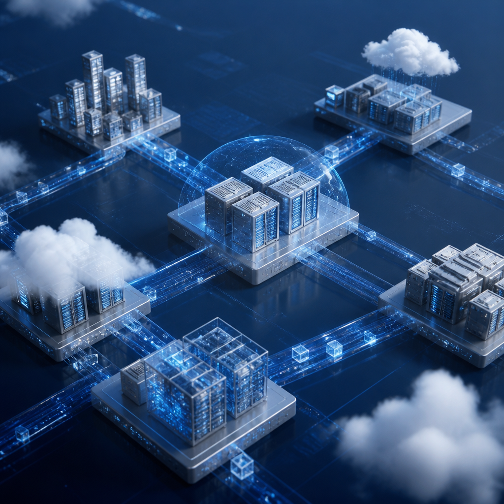 Abstract representation of data and workloads moving between different cloud infrastructure blocks.