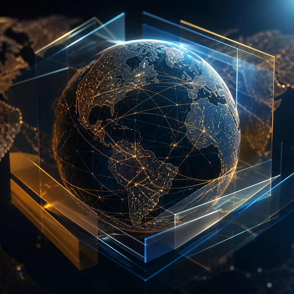Abstract digital globe with glowing connection lines and geometric layers representing data jurisdictions.