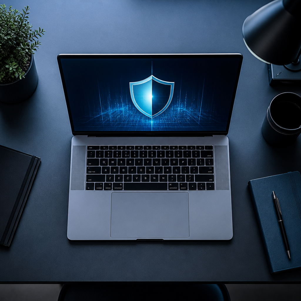 A professional laptop showing a security shield icon representing penetration testing cost and security investments.