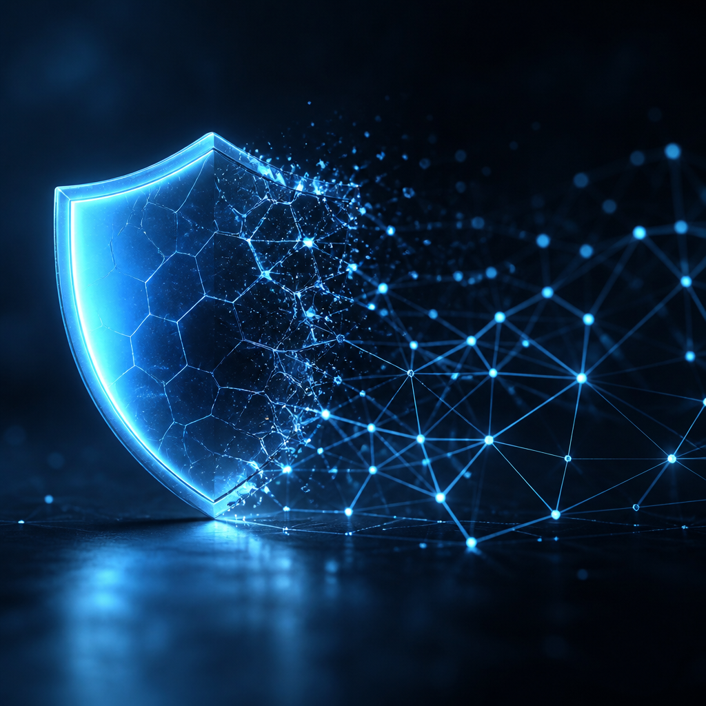 A digital shield transforming into a resilient data network, symbolizing the shift to cyber recovery.
