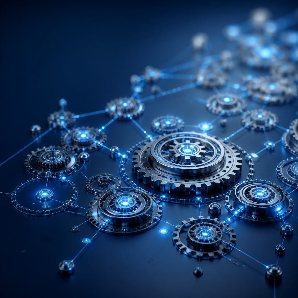 A conceptual 3D digital engine representing synchronized business systems and technology.
