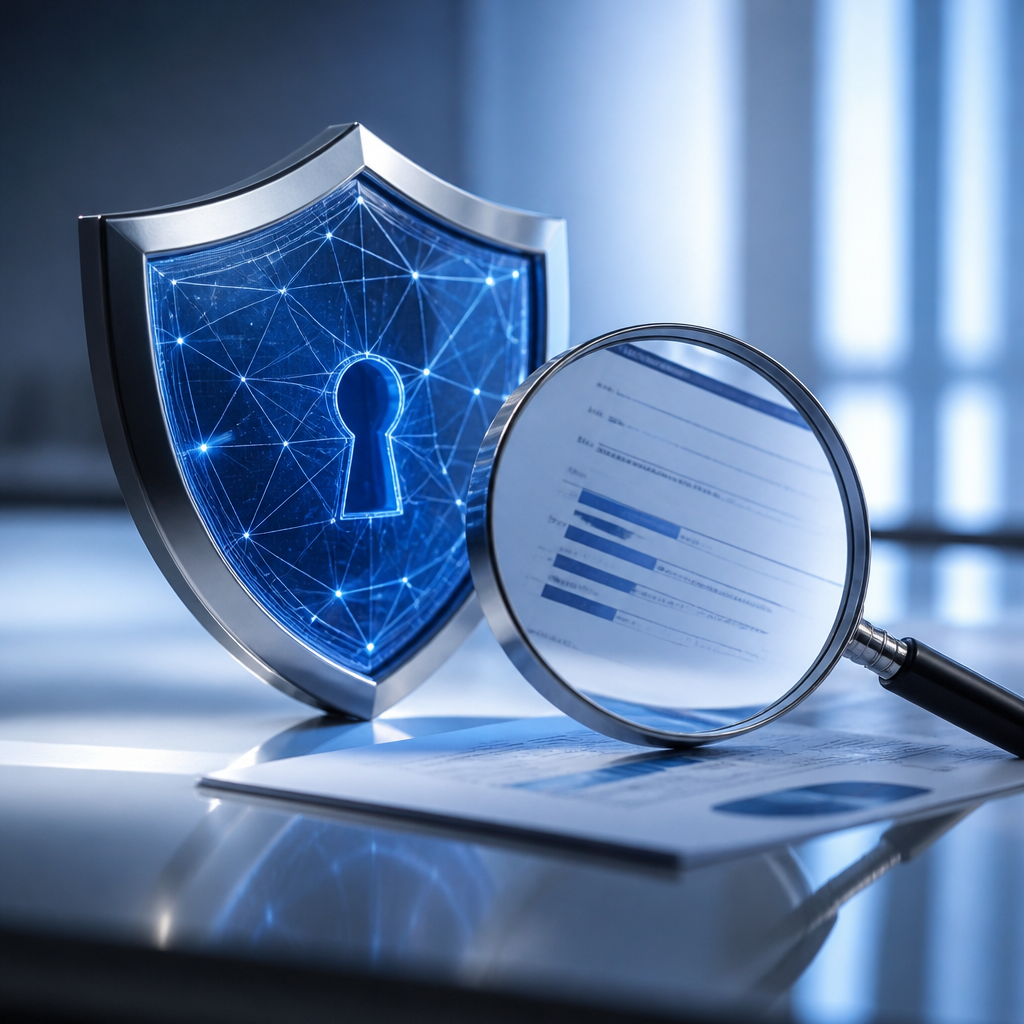 A digital shield and magnifying glass over a document illustrating the PIPEDA breach reporting process.