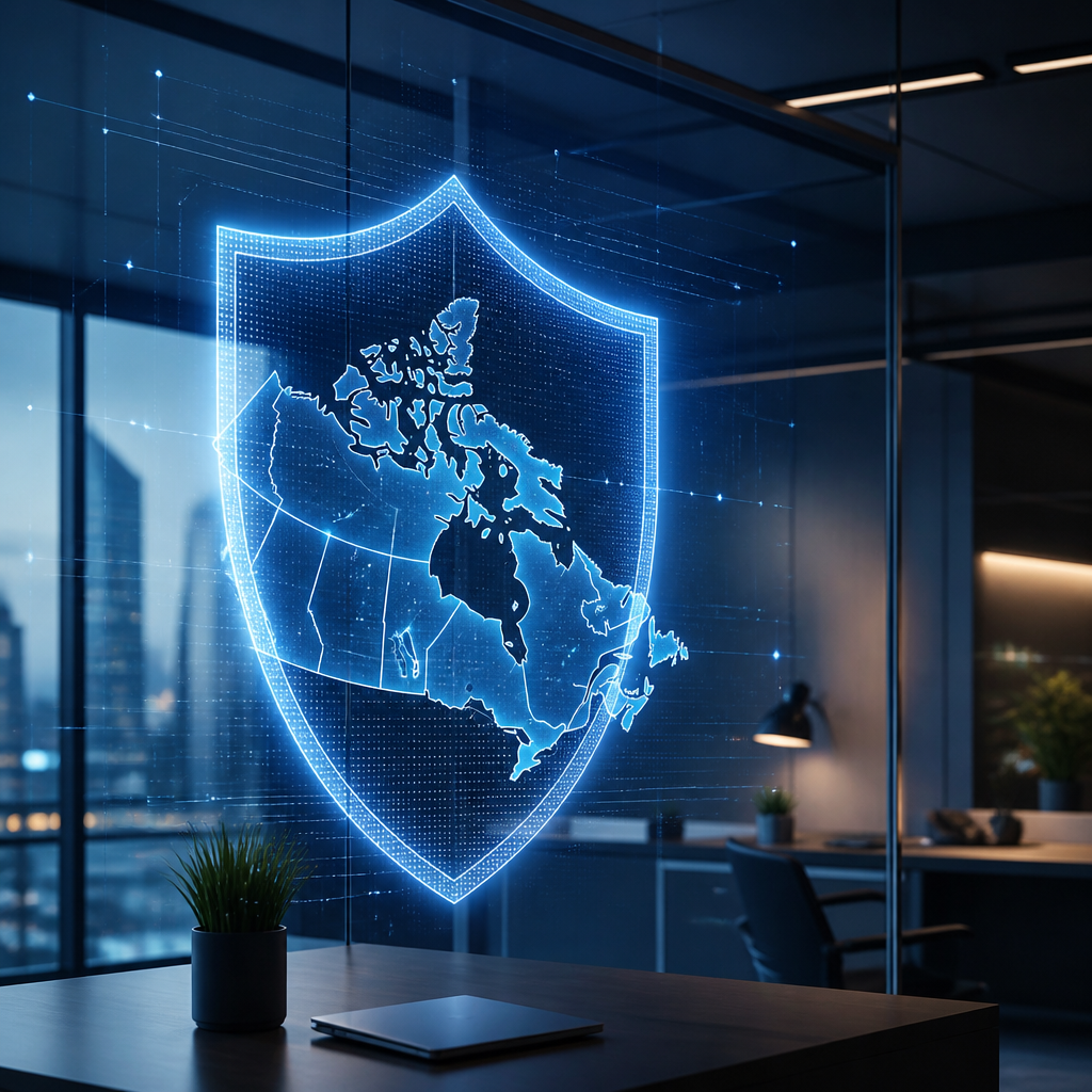 A digital shield hovering over a map of Canada representing data privacy and PIPEDA compliance.