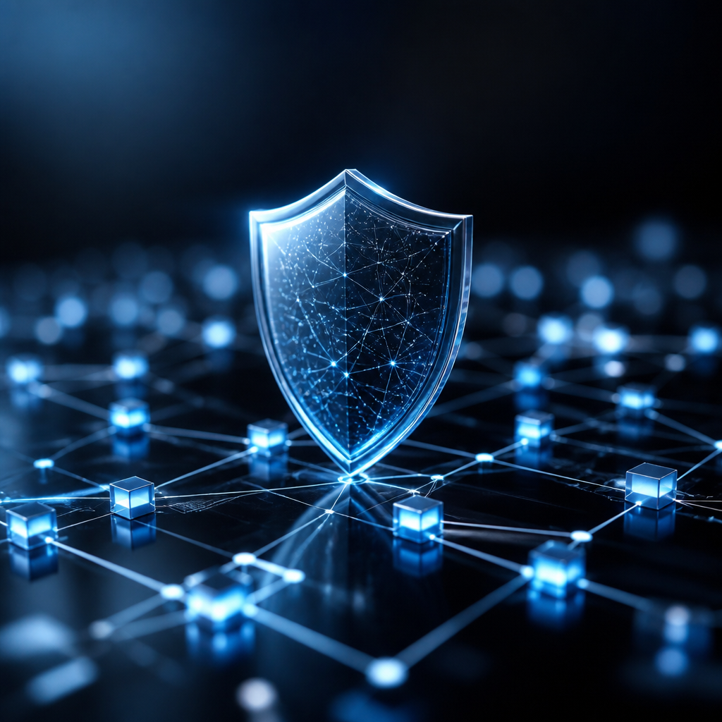 A glowing digital shield protecting a network of data nodes.