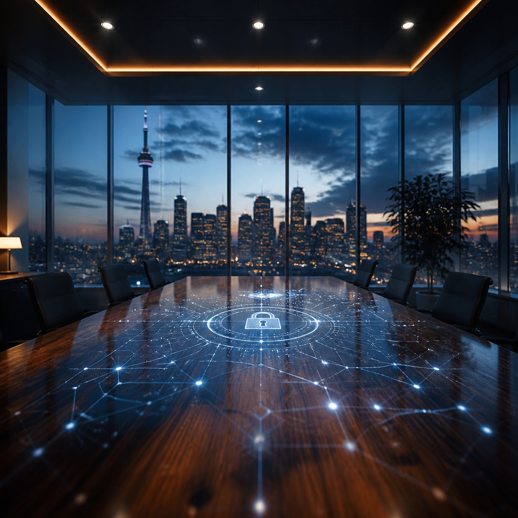 A modern boardroom with digital security overlays symbolizing AI protection.