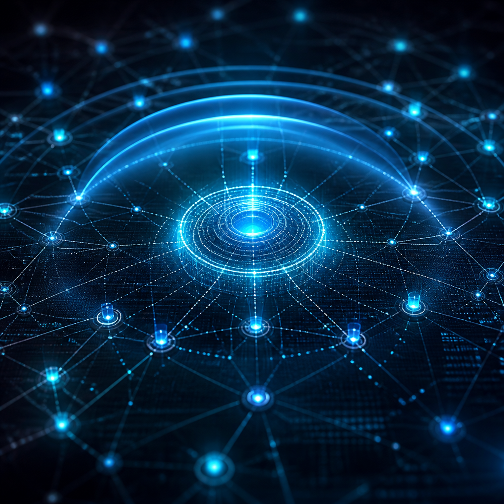 Digital representation of a unified XDR security network connecting various data points.