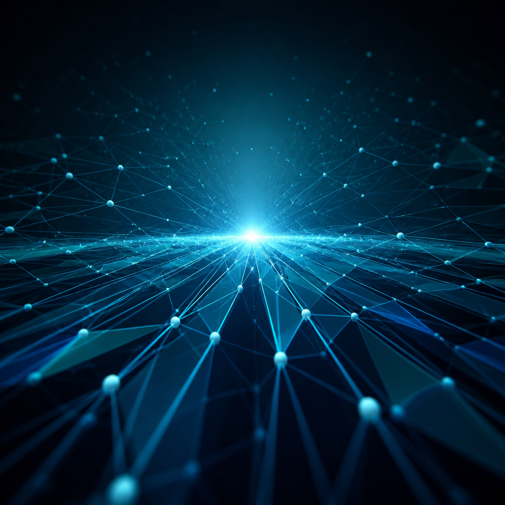 Abstract digital visualization of interconnected data nodes and pathways.