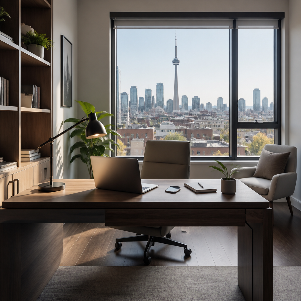A modern home office setup with a laptop and smartphone, representing a secure remote work environment.
