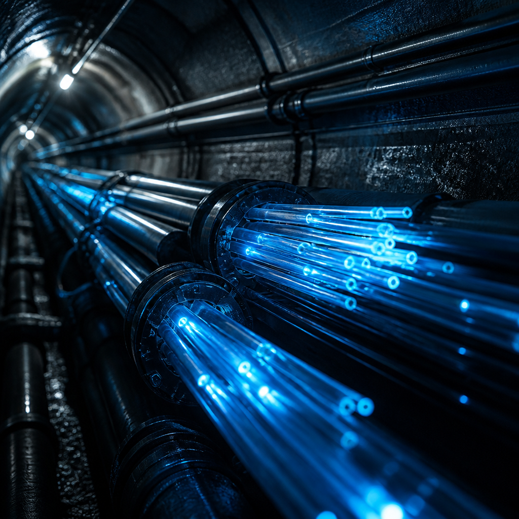 Glowing blue fiber optic cables in a dark industrial conduit.