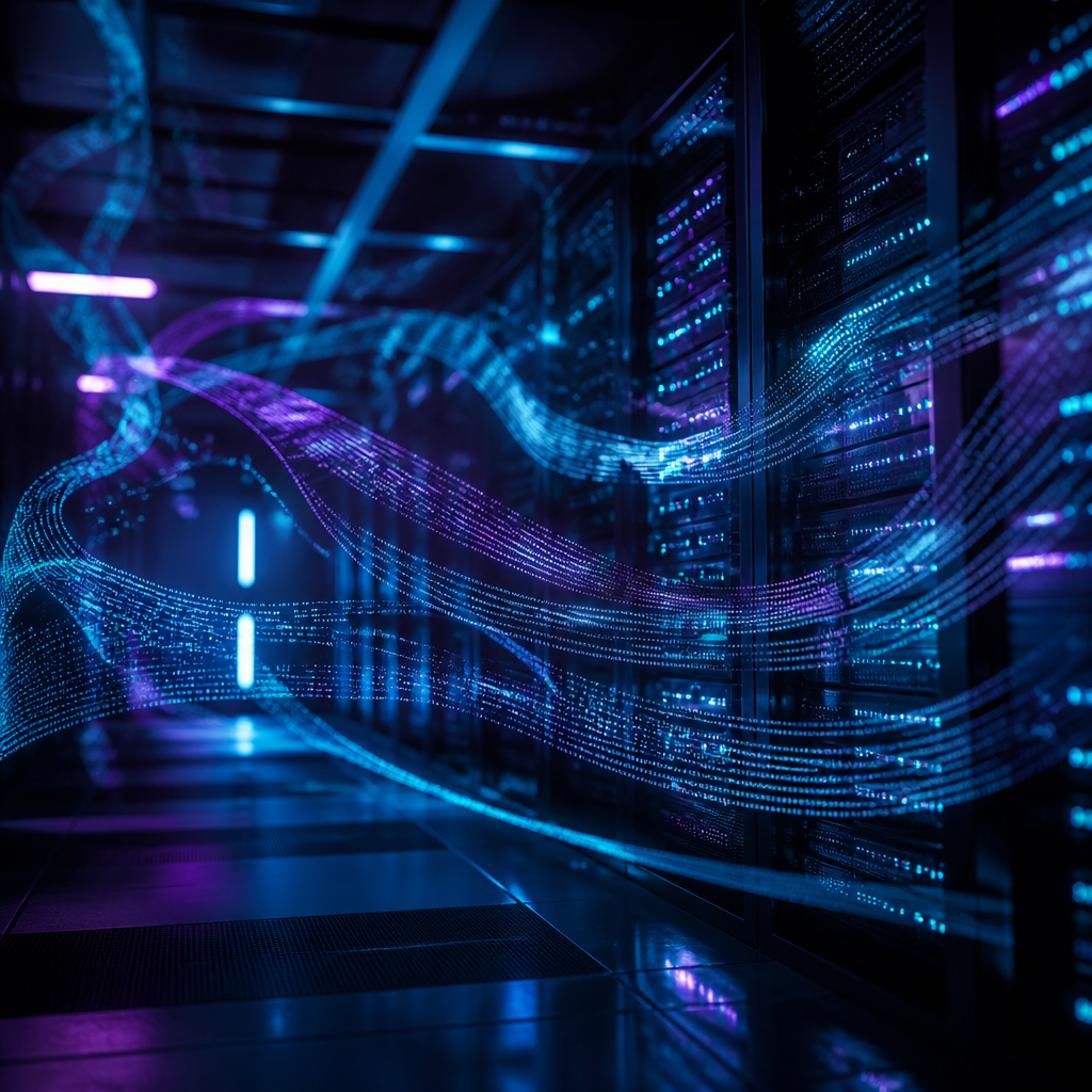 Abstract visualization of glowing digital code flowing through a dark server room infrastructure.