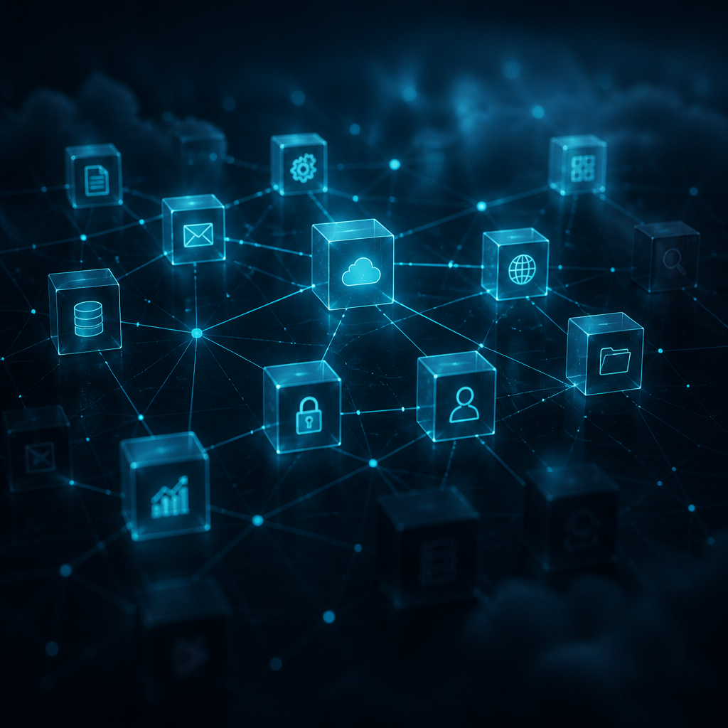 A digital network of interconnected cloud application nodes with some hidden in shadow.