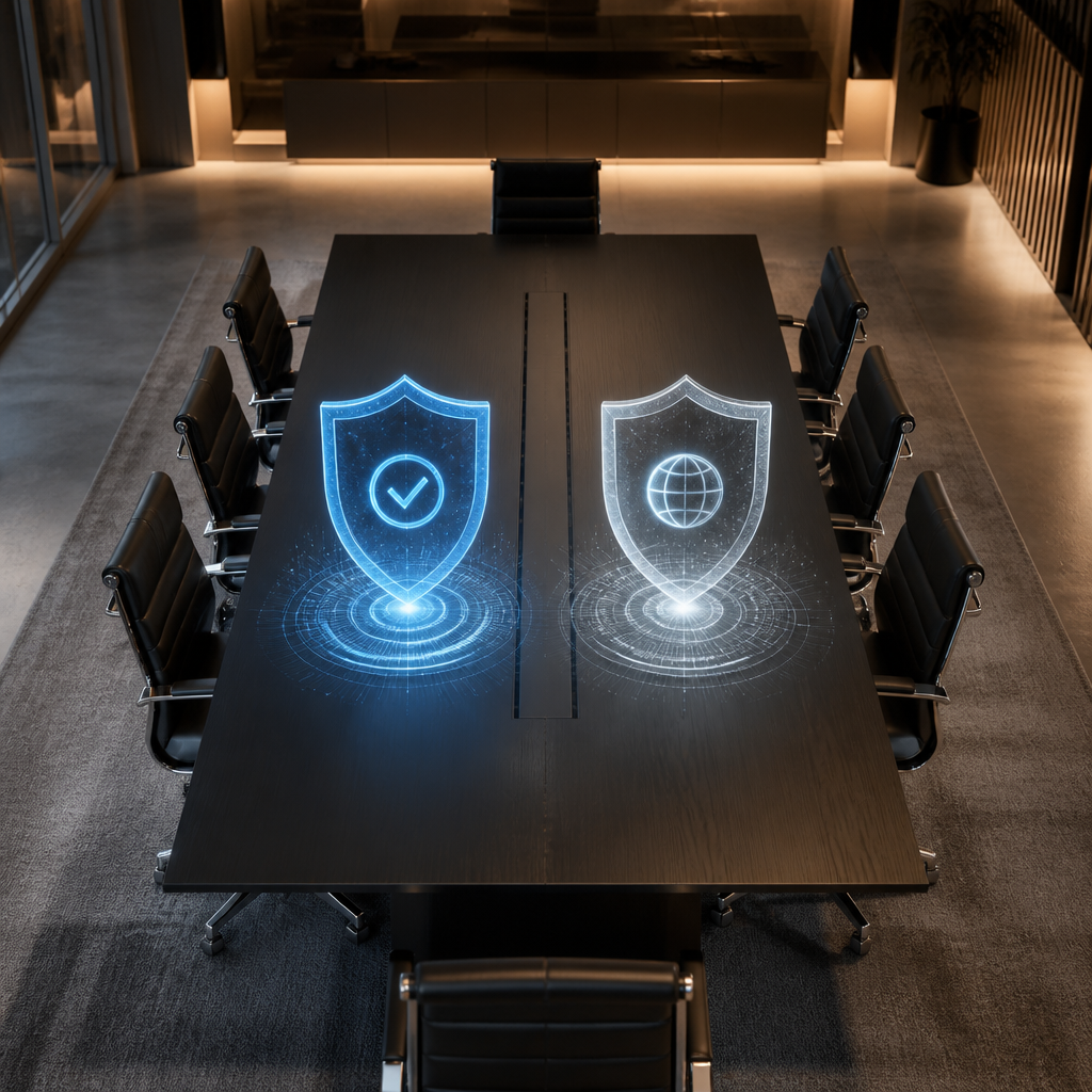 A conceptual digital representation of SOC 2 vs ISO 27001 security frameworks.