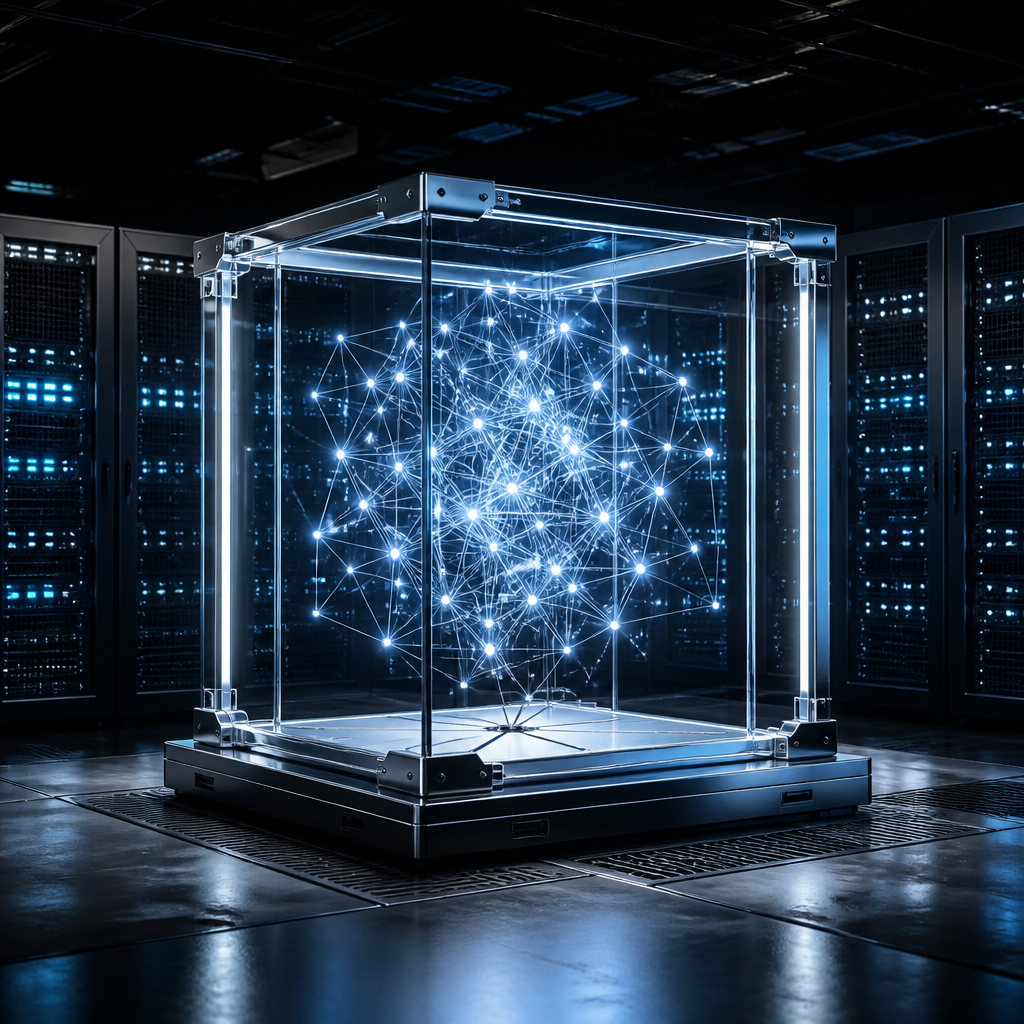 A glowing digital brain contained within a secure glass box, representing private and sovereign AI infrastructure.