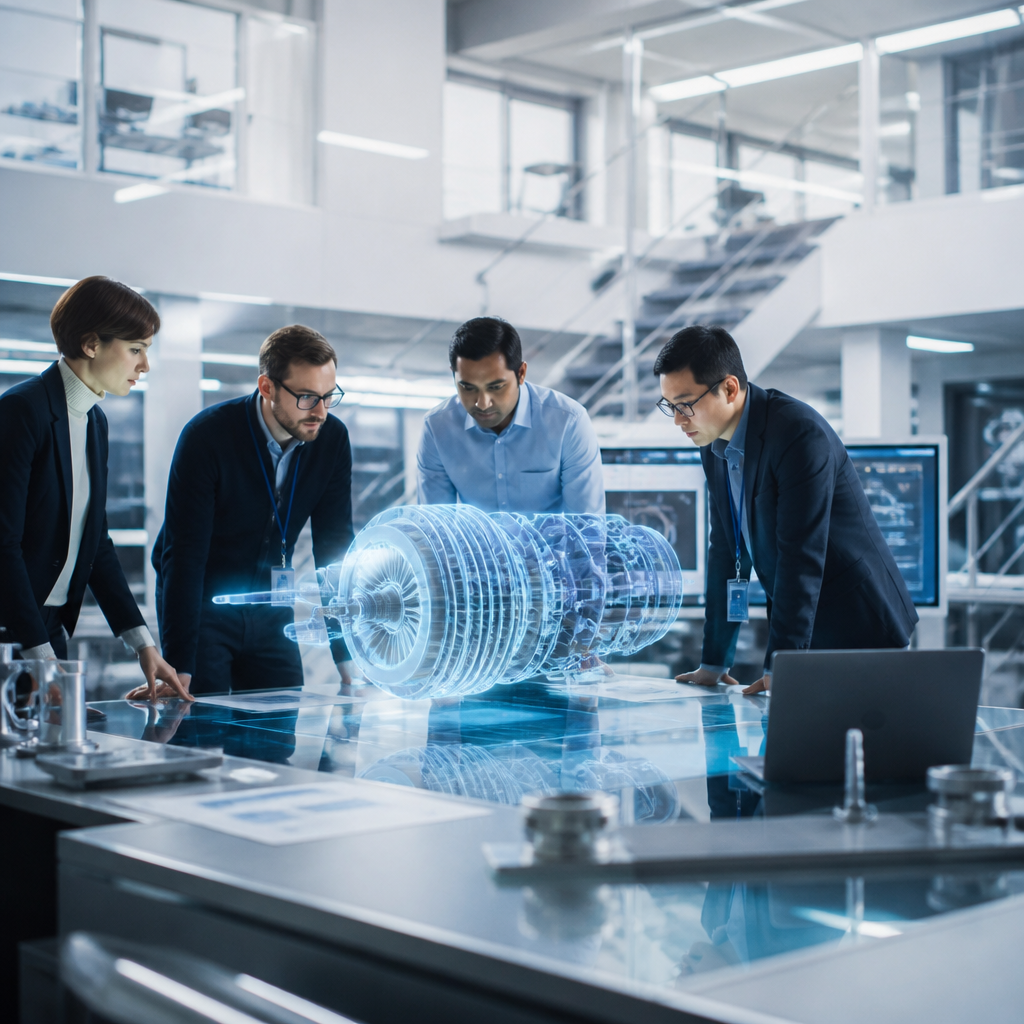 Professional engineers interacting with a 3D holographic engine model in a modern office.