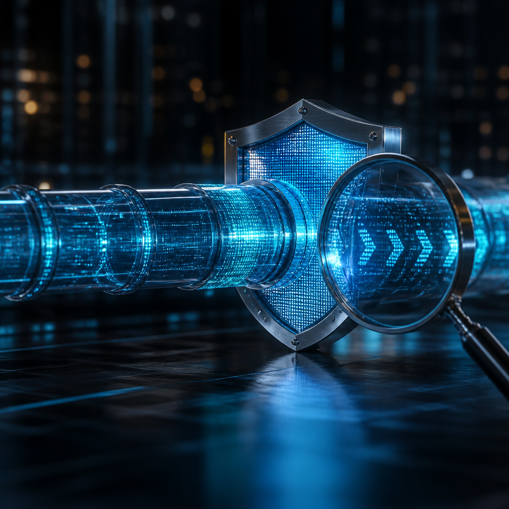 3D visualization of a digital pipeline and security shield symbolizing integrated DevSecOps.