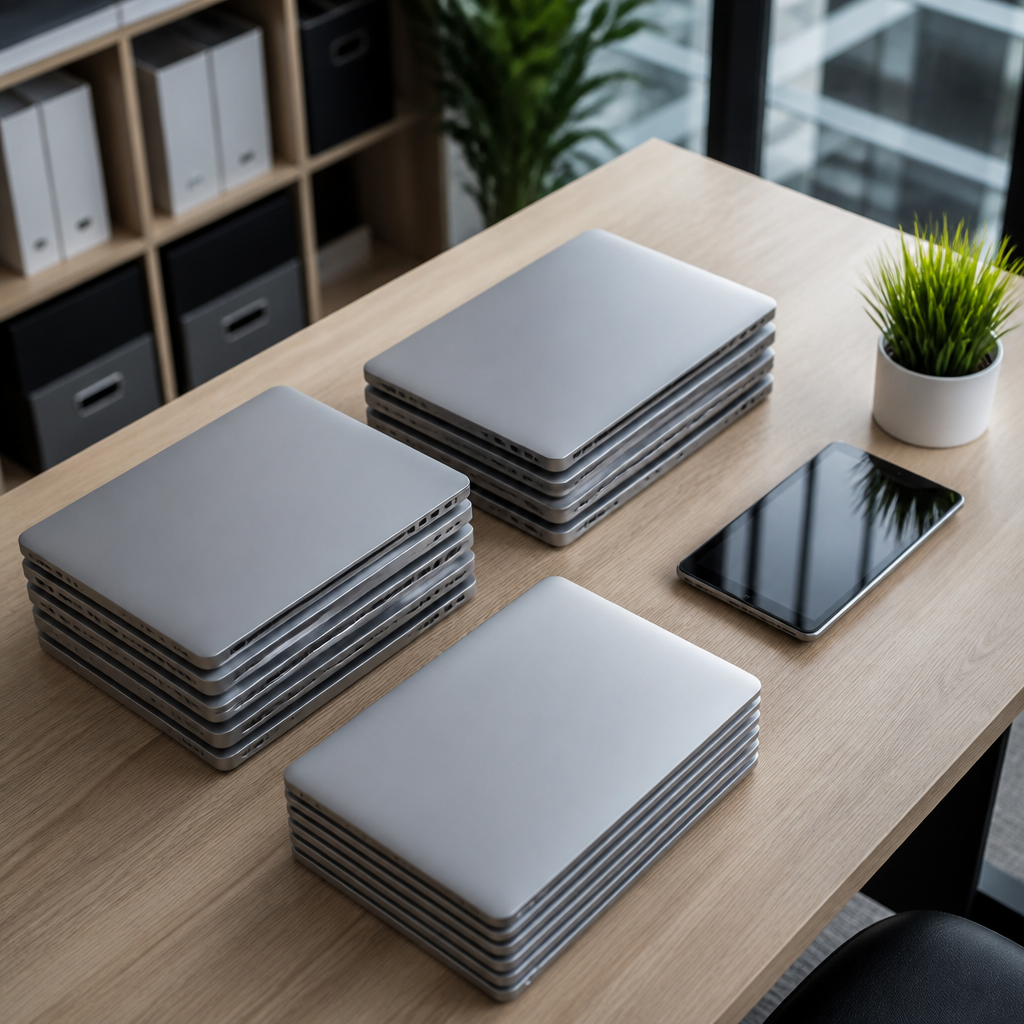 Stack of modern laptops and tablets on a clean office desk representing hardware lifecycle management.