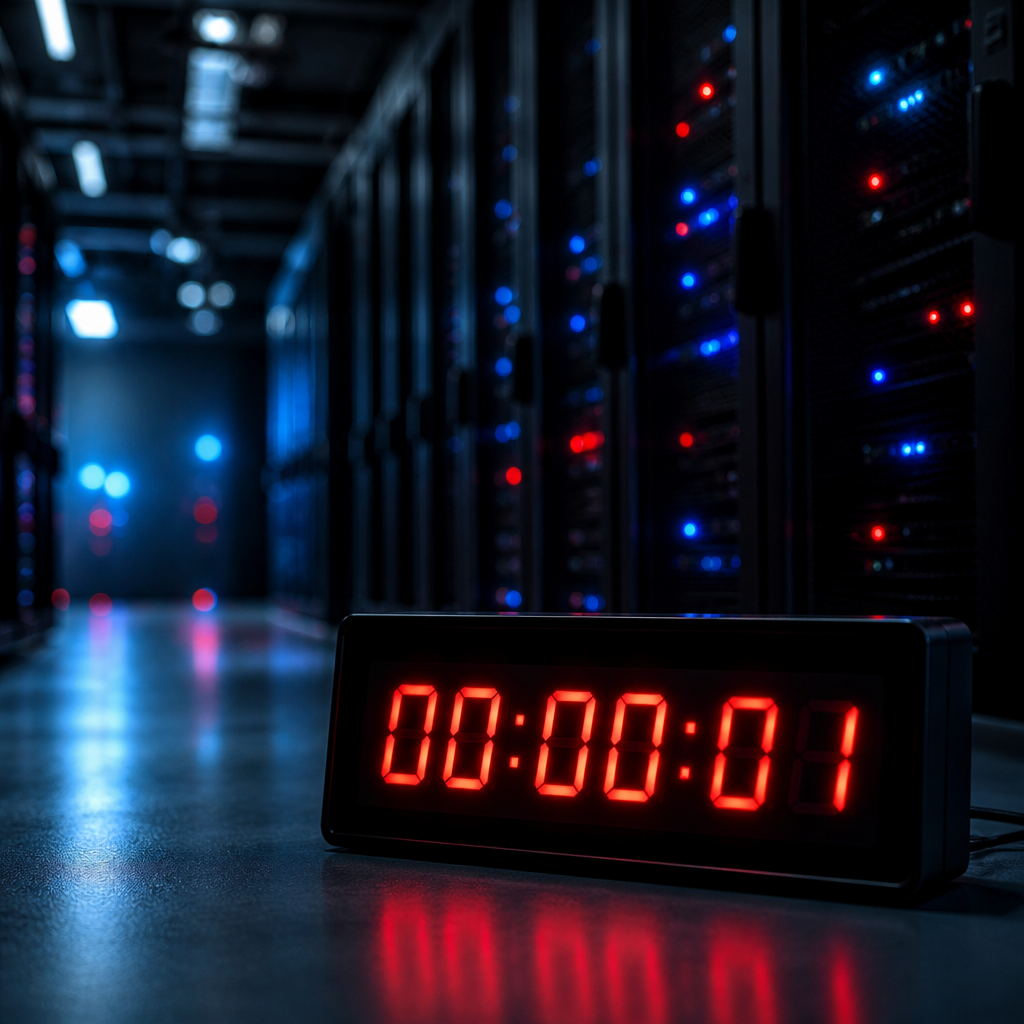 A digital clock at the start of an incident in a modern data center, representing a strategic incident response protocol.
