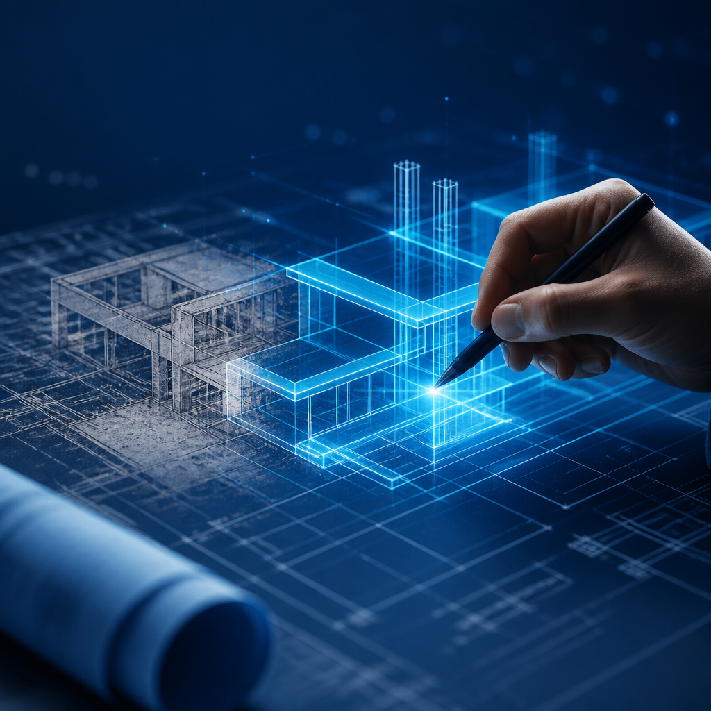 Architectural blueprint showing the transition from legacy systems to modern technology.