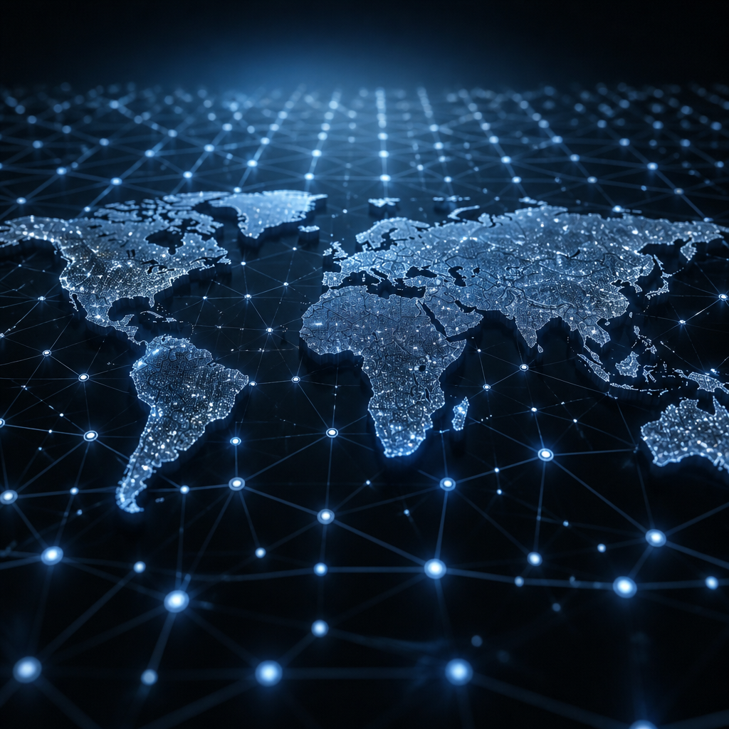 A conceptual image of synchronized digital nodes across a dark background representing global device fleet management.
