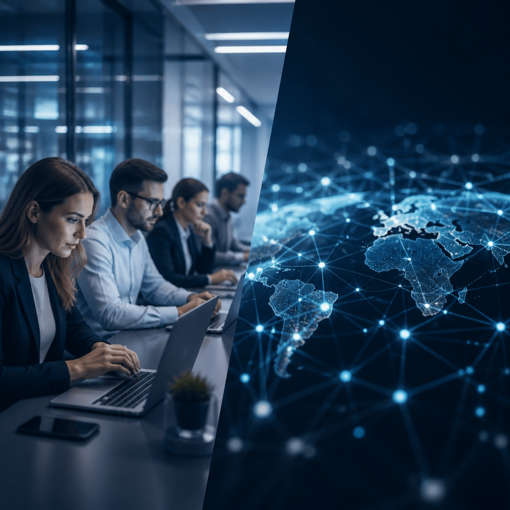 A visual comparison of managed IT services vs in-house IT teams in a modern corporate setting.