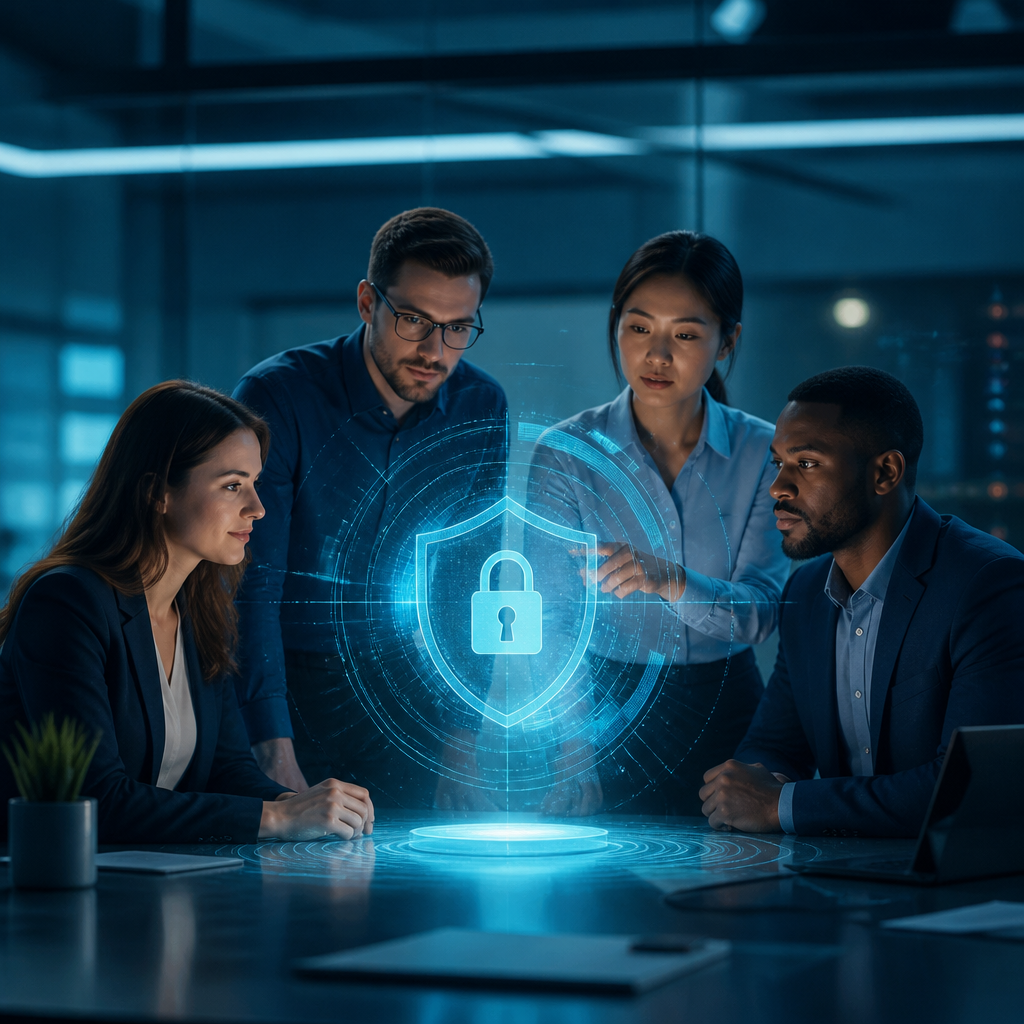 A professional team working with a digital security interface representing training staff to spot phishing in 2026.