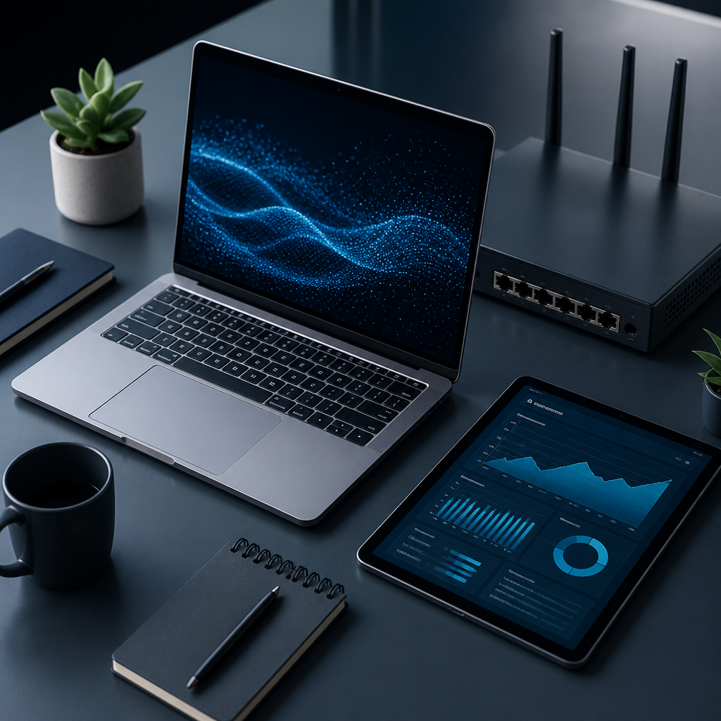 A professional desk with a laptop and digital tablet representing a technology audit.